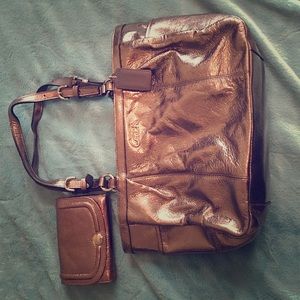 Silver patent leather Coach with matching wallet